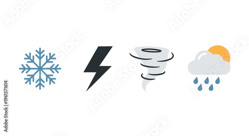 Weather icons representing snow lightning tornado and rain with sun
