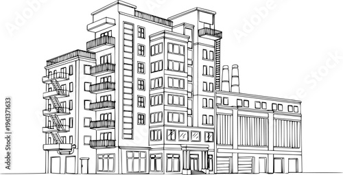 Multi- storey apartment building, office center or industrial building in continuous line art drawing style. Black linear sketch isolated on white background. Vector illustration See Less
