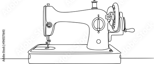
Sewing machine in continuous line art drawing style. Abstract old style sewing-machine for atelier or tailor sign design. Minimalist black linear sketch on white background. Vector illustration S