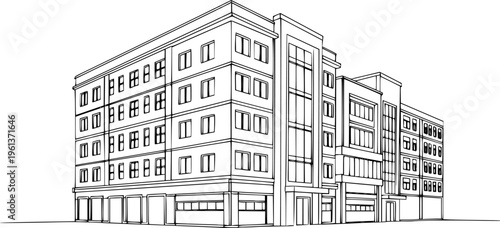 Multi- storey apartment building, office center or industrial building in continuous line art drawing style. Black linear sketch isolated on white background. Vector illustration See Less
