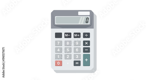 A gray digital calculator with a clear display showing the number zero