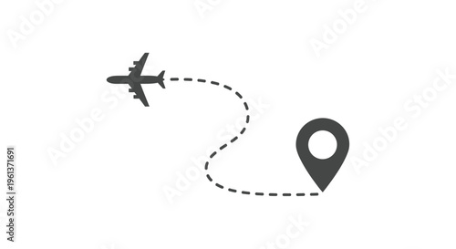 Airplane flying towards a destination point marked on a map