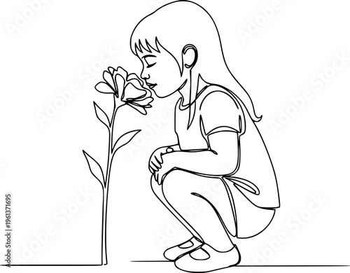 Child smelling flower in continuous line art drawing style. Small girl squatted down to sniff the fragrant flower. Black linear sketch isolated on white background. Vector illustration