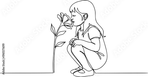 Child smelling flower in continuous line art drawing style. Small girl squatted down to sniff the fragrant flower. Black linear sketch isolated on white background. Vector illustration