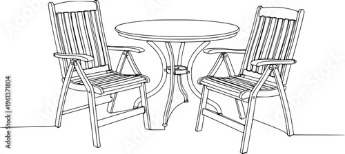  Garden chairs and table in continuous line art drawing style. Classic style dining room furniture black linear sketch isolated on white background. Vector illustration