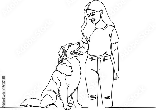 Girl with a dog in continuous line art drawing style. Pet lover black linear sketch isolated on white background. Vector illustration

