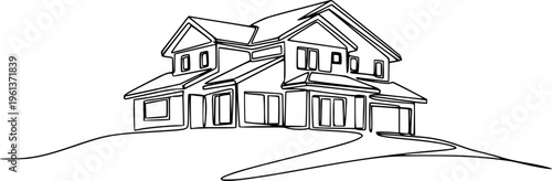 Abstract house on the hill in continuous line art drawing style. Residential building, real estate black linear design isolated on white background. Vector illustration
