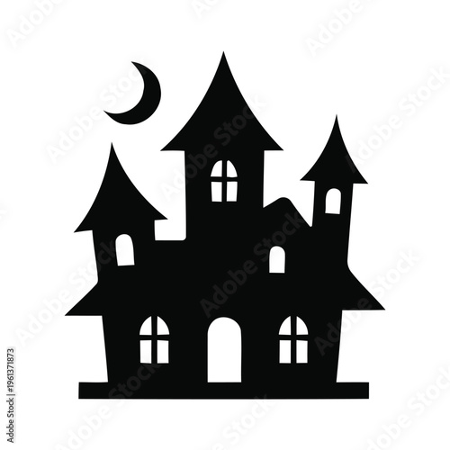 Haunted House Silhouette Icon - Spooky Mansion with Crescent Moon and Windows Vector