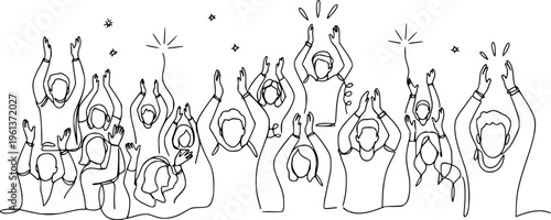 Group of people continuous one line vector drawing. Crowd standing at concert, meeting.
