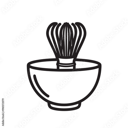 An outline illustration of a whisk in a bowl for matcha preparation