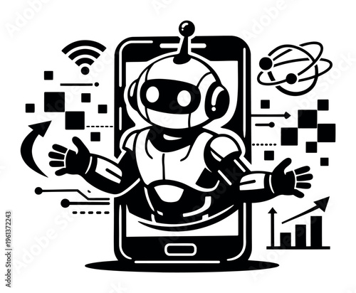 Chatbot character emerges from a smartphone screen, embodying AI virtual assistant technology, automation, and data processing