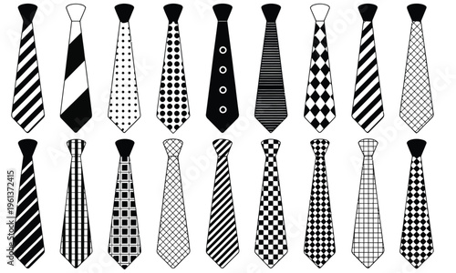 Necktie Vector Set with Various Patterns Including Striped, Plaid, Checkered and Solid Ties, Formal Wear Accessories Collection for Business Fashion, Corporate Style and Apparel Design