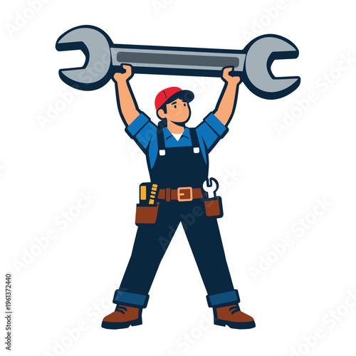 Handyman person in uniform and red cap carrying a large tool, symbolizing expert support and technical assistance