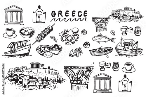 Hand drawn Mediterranean lifestyle vector element set, Italian summer icons with scooter, seafood, wine and architecture, vintage doodle illustration isolated on white