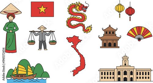 Vietnam travel icons vector set featuring traditional landmarks cultural symbols flag map dragon and tourist attractions for asian tourism and vacation guides.