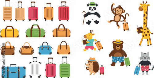 Travel Animal Mascot Vector Collection with Diverse Suitcases Duffel Bags and Handbags Featuring Cute Panda Giraffe Monkey and Bear for Tourism Branding