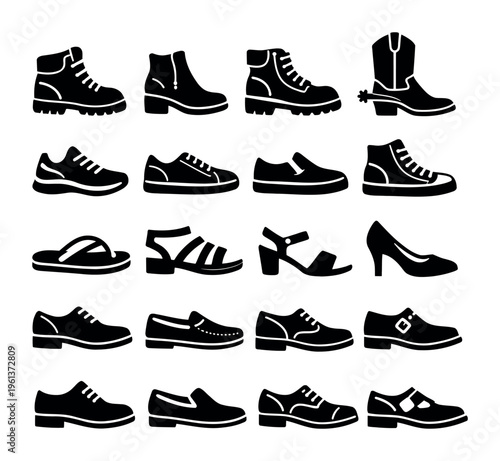 Collection of footwear with a variety of shoe styles depicted in black silhouette icons, perfect for fashion and clothing themes