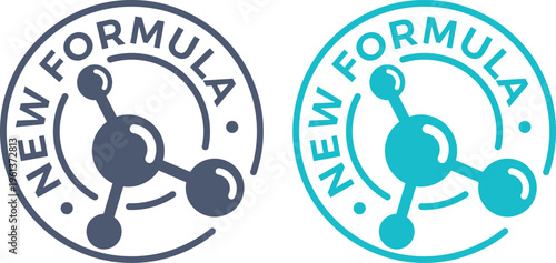 Two "NEW FORMULA" Vector Badges with Molecule Icons, Grey and Turquoise, isolated for product design