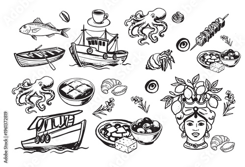 Hand drawn Mediterranean lifestyle vector element set, Italian summer icons with scooter, seafood, wine and architecture, vintage doodle illustration isolated on white