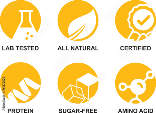 Set of Six Yellow Product Feature Icons including 'LAB TESTED', 'ALL NATURAL', 'CERTIFIED', 'PROTEIN', 'SUGAR-FREE', and 'AMINO ACID' Vector.