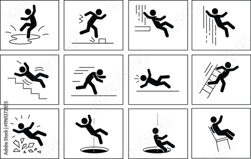 Workplace safety icons vector set featuring stick figures slipping falling and tripping accidents for industrial signage health and safety warnings and instructional manual illustrations.
