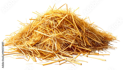 A pile of golden, dried straw with individual stalks, viewed against a transparent background