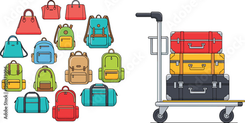 Comprehensive Travel Luggage Vector Set Featuring Colorful Backpacks Handbags Duffel Bags and Airport Trolley with Stacked Suitcases for Tourism and Transportation Designs