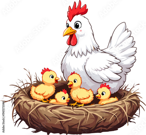 Mother hen with chicks in nest cute farm animal illustration with baby chickens and eggs cozy countryside scene isolated on white background