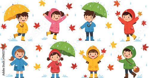 Cute Children in Raincoats and Boots Playing in Autumn Rain Vector Character Set with Umbrellas Colorful Maple Leaves and Puddles for Seasonal Designs