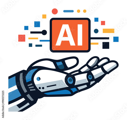 Mechanical hand reaching out to hold an orange AI symbol surrounded by digital elements, symbolizing advanced technology and creativity