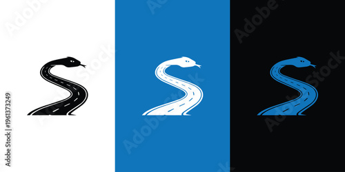 Creative and modern logo design featuring a stylized snake forming a road shape, combined with bold typography "Serpent Drive". This monochrome black and white branding concept represents motion,