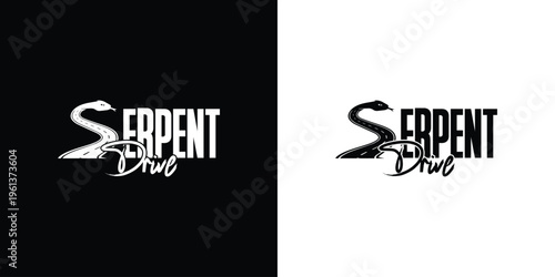 Creative and modern logo design featuring a stylized snake forming a road shape, combined with bold typography "Serpent Drive". This monochrome black and white branding concept represents motion, dire