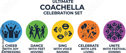 Five circular icons express celebration concepts: cheer with joy expressing, dance with feet moving, sing with voice raising, celebrate with life living, and unite with festival joining.