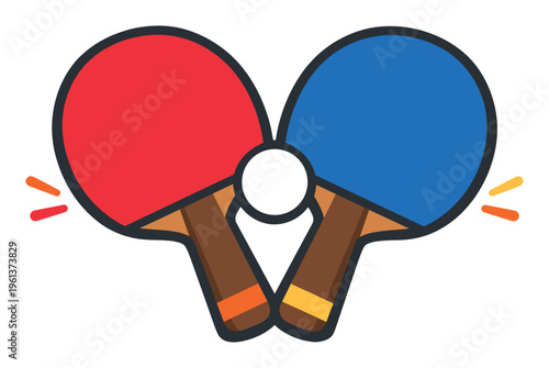 Table tennis paddles, red and blue, meeting with a white ping pong ball, illustrating sport, recreation, and competition