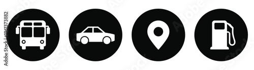 Circular road and vehicle icon set, white minimalist automotive vector symbols, car, truck, bus, and traffic elements, transportation and navigation concept, clean line style, modern flat design, 