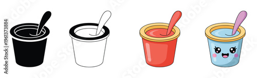 Yogurt cup four styles, black solid, glyph, outline, minimal, flat, multicolor filled, cartoon, featuring yogurt container illustrations, dairy product icons