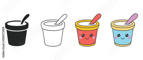 Yogurt cup four styles, including black solid, glyph, outline, minimal, flat, multicolor filled, cartoon, showcasing yogurt cups