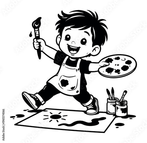Excited boy in apron holding a paintbrush with paint and an art palette, showing creativity and a love for art