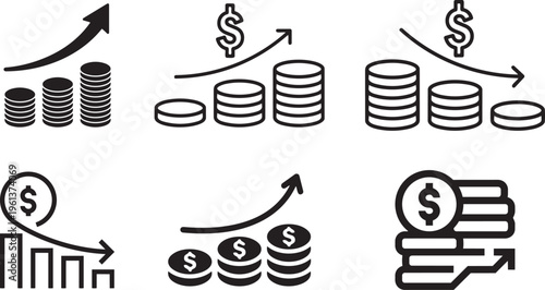 Financial Dynamics: A set of six stylized graphics illustrates the essence of monetary movement, featuring stacks of coins coupled with directional arrows, symbolizing economic growth, decline.