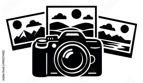Camera creating a gallery of landscapes, mountains, and water scenes, symbolizing photography, travel, and memories
