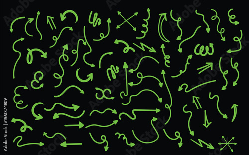 Collection of various green neon arrows on for design