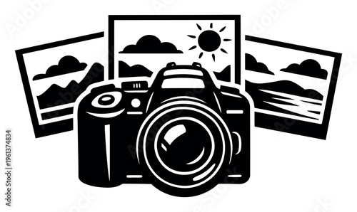 Digital slr camera with three iconic landscape pictures, representing visual media, creative art, and memory capture