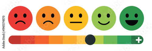 Feedback and rating emoji set with slider scale indicator for customer satisfaction level, featuring sad, neutral, happy, and very happy emojis in various colors, bad-to-good rating scale, customer 