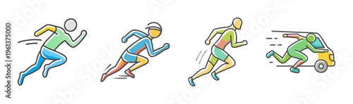 Four hand-drawn sprinter icons in motion, one with a van.