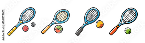 Collection of four colorful squash rackets and balls, sports equipment icons.