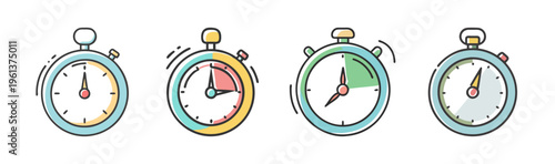 Set of four stopwatch icons showing different times, measuring time.