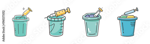 Collection of four syringe disposal bins with sharps, medical waste management.