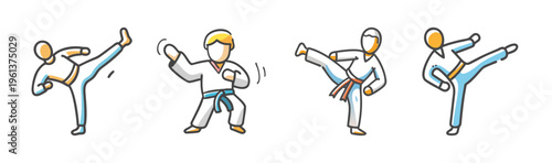 Karate martial arts icons set, karate fighters in action poses, 4 sport vector elements