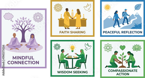 Diverse people engage in spiritual and communal activities including meditation, faith sharing, and compassionate action.