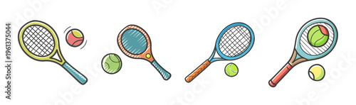 Hand-drawn tennis rackets and balls in various colorful styles for sports and leisure.